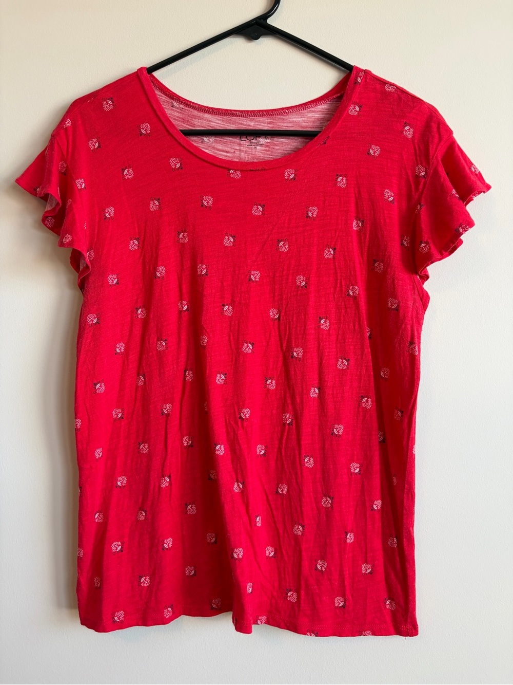 LOFT Red Short Sleeve Ruffle Top with Micro Print